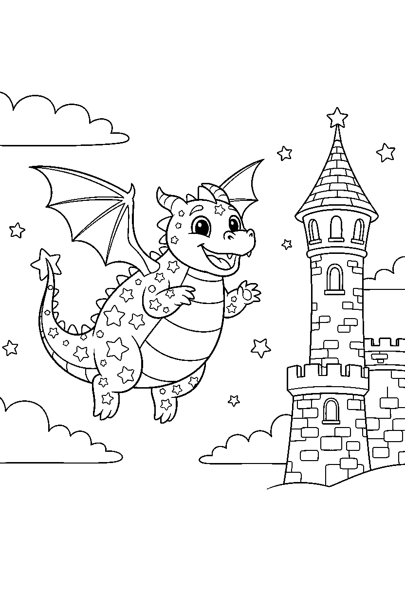 star dragon flying happily near a castle tower line art