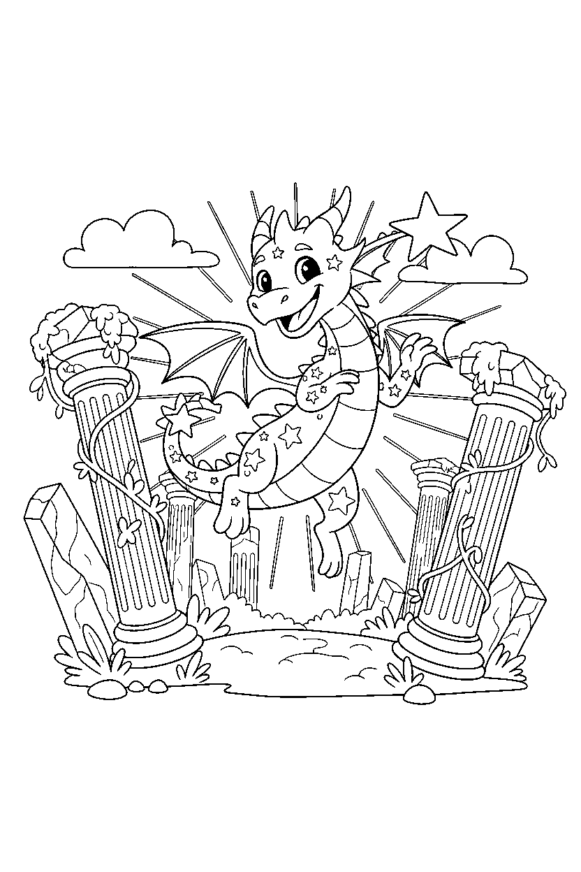 star dragon jumping with joy near ancient ruins line art