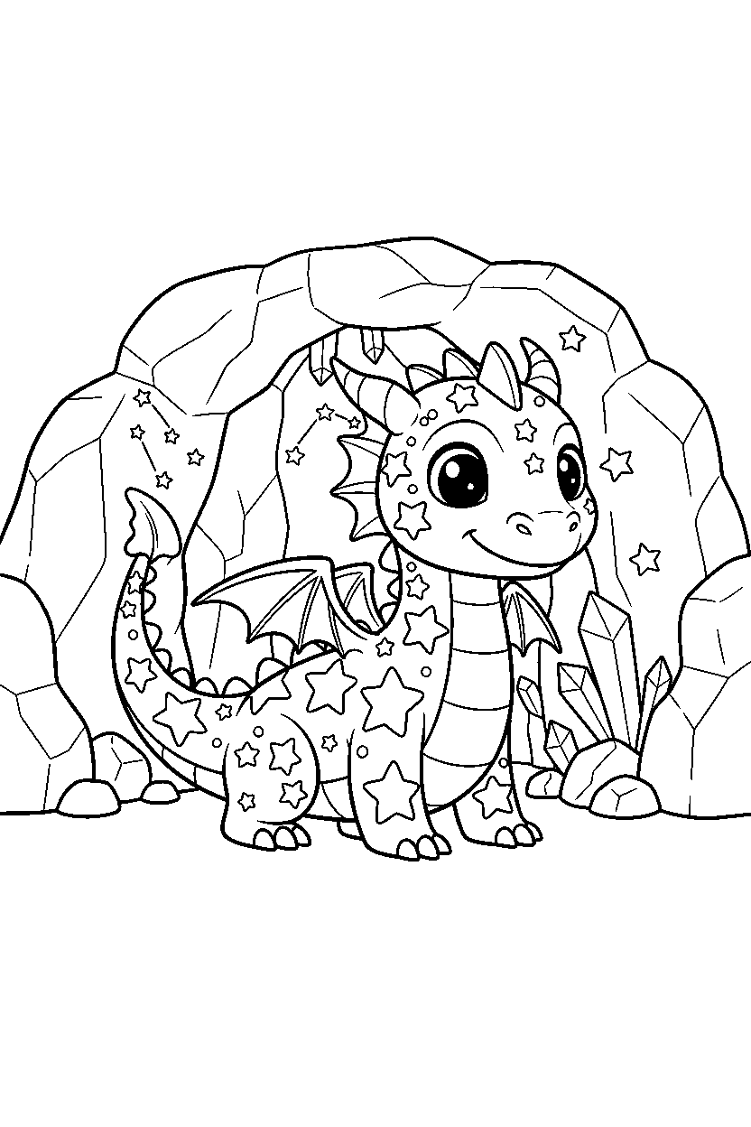 star dragon looking around in a hidden cave line art
