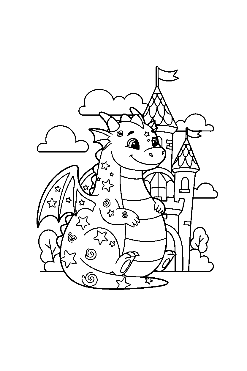 star dragon relaxing peacefully near a castle line art