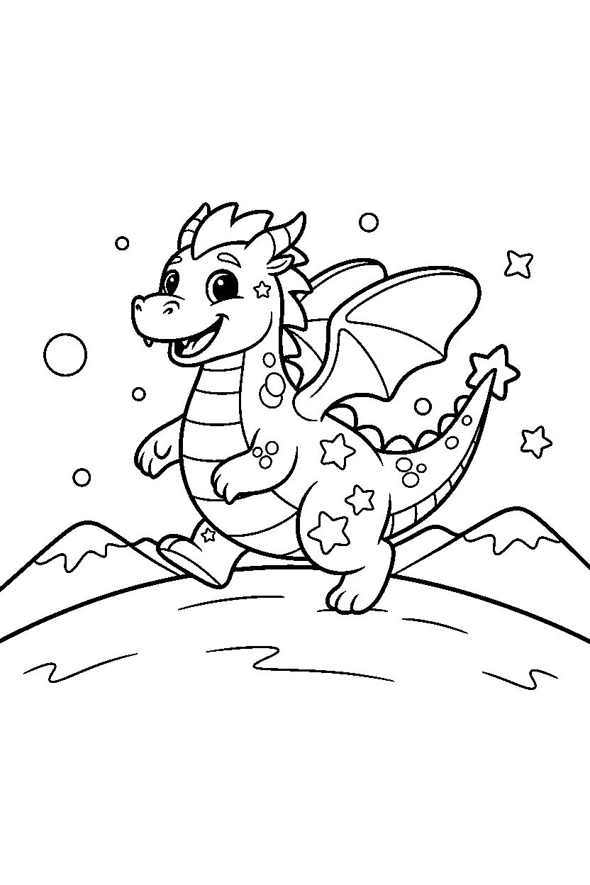 star dragon walking happily on a mountain hill line art
