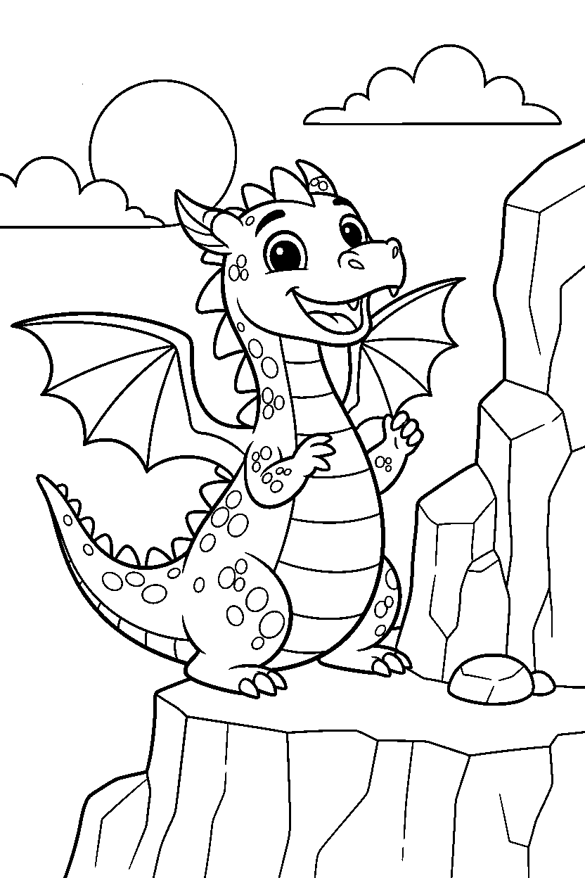 storybook dragon looking excited near a rocky cliff line art