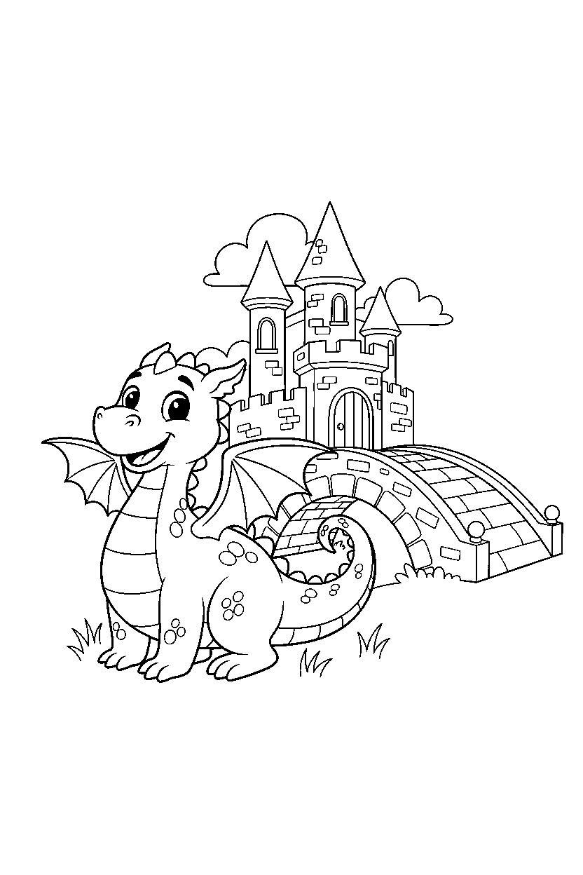 storybook dragon looking happy near a castle bridge line art