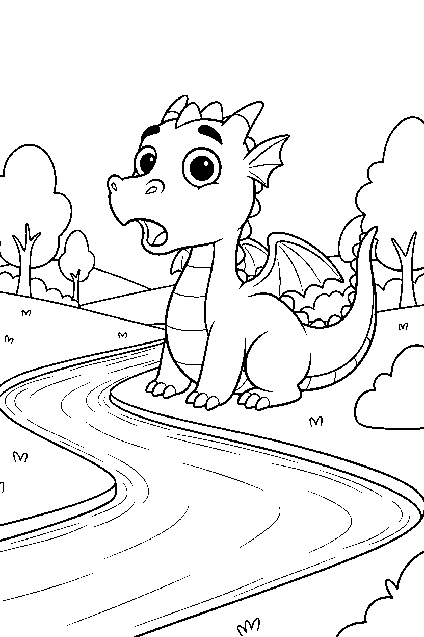 storybook dragon looking surprised near a glowing river line art