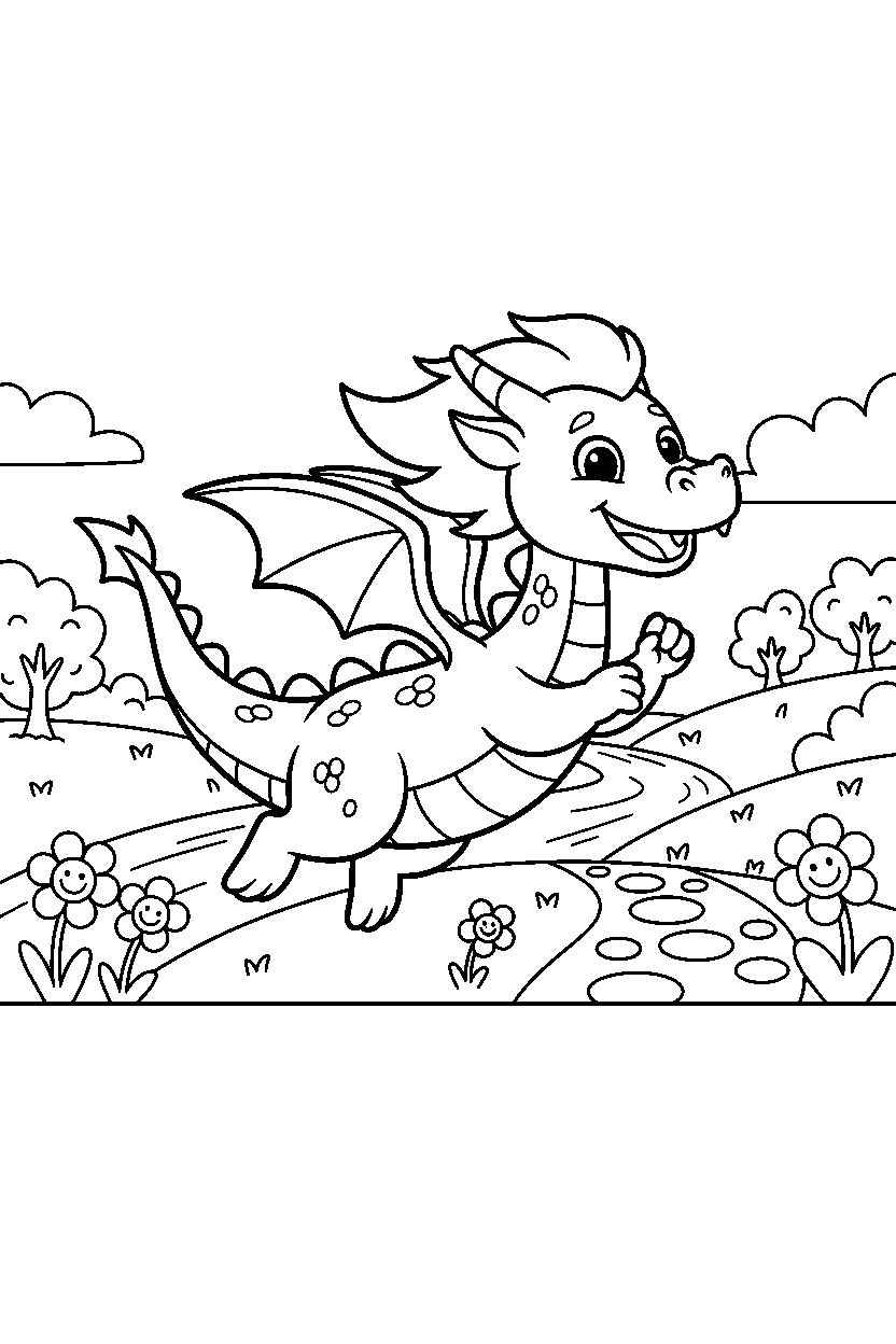 storybook dragon running happily in a peaceful countryside line art