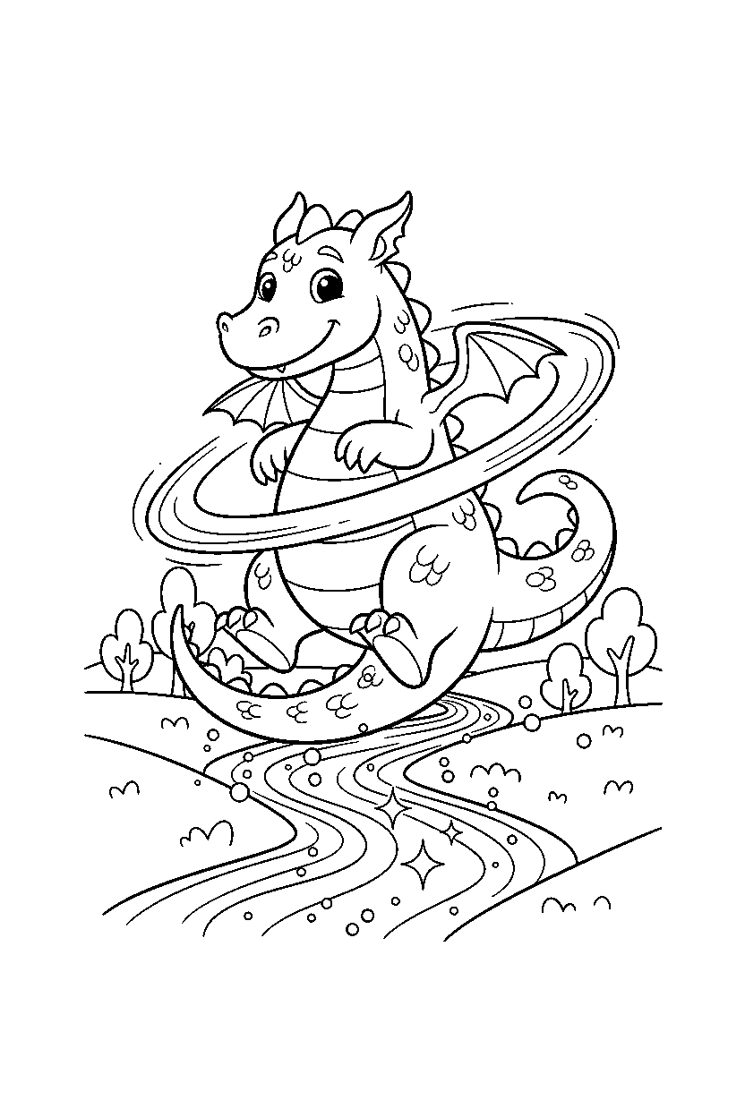 storybook dragon spinning happily near a glowing river line art