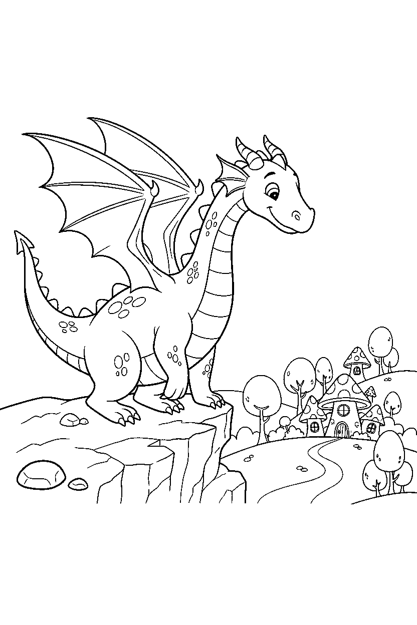 storybook dragon spreading wings near a fantasy village line art