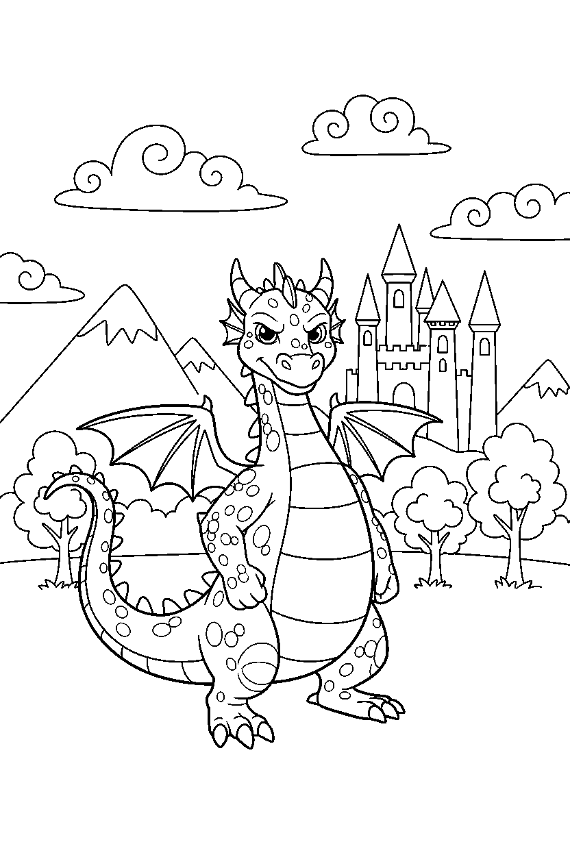 storybook dragon standing bravely in a fantasy land line art