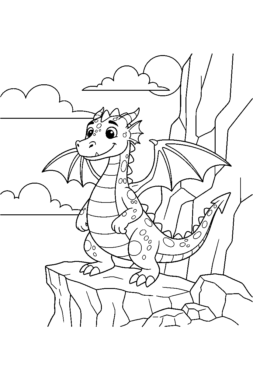 storybook dragon standing bravely near a rocky cliff line art