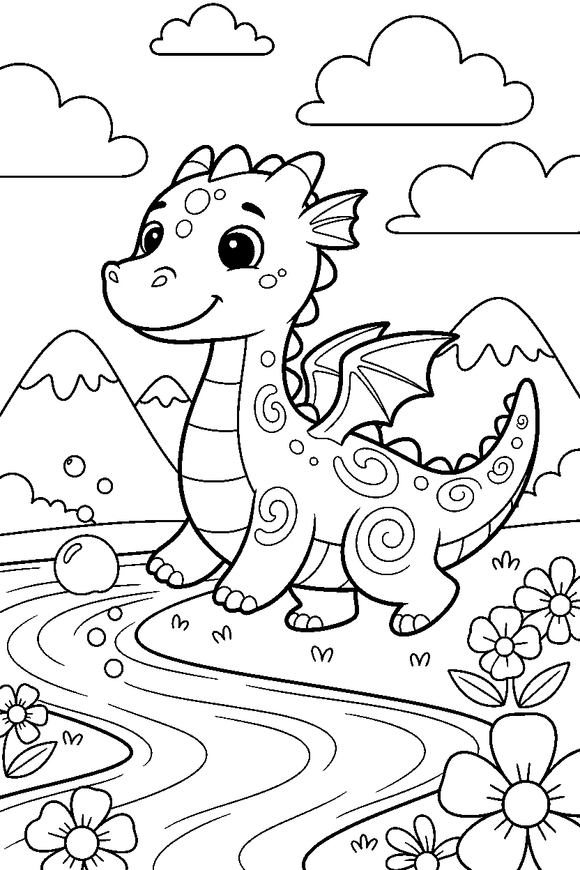 storybook dragon walking happily near a glowing river line art