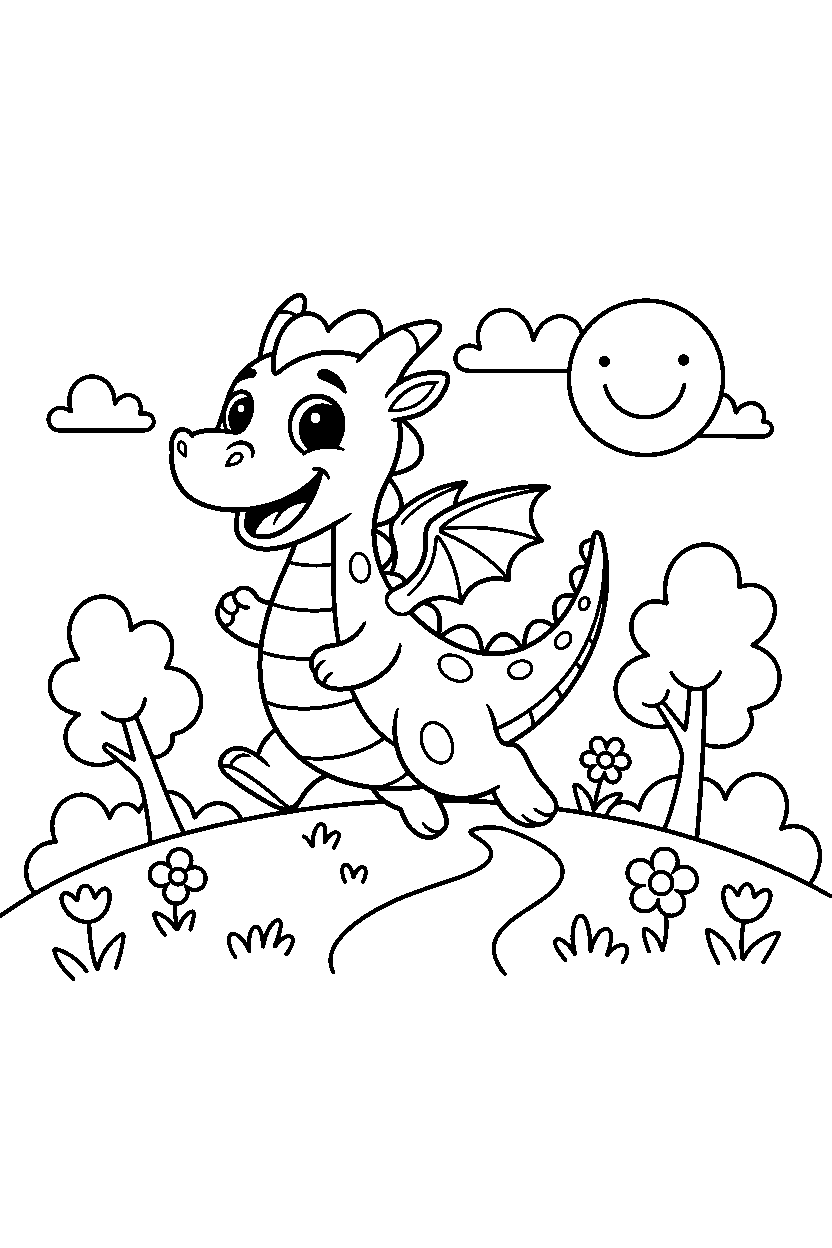 storybook dragon walking happily on a bright hill line art