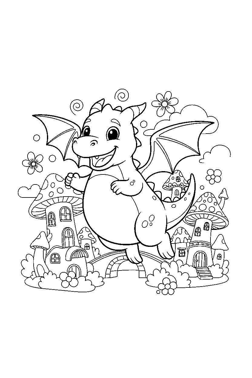 tiny dragon jumping happily near a fantasy village line art