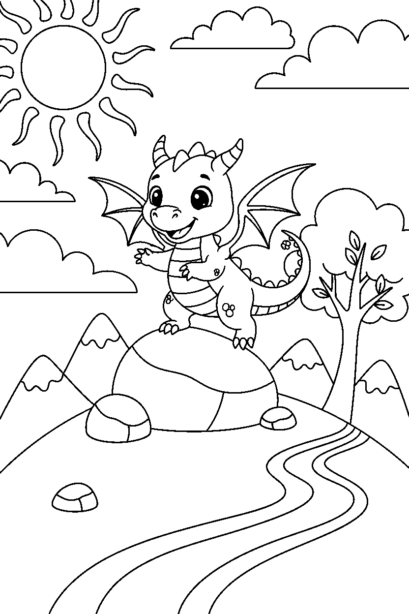 tiny dragon playing happily on a mountain hill line art
