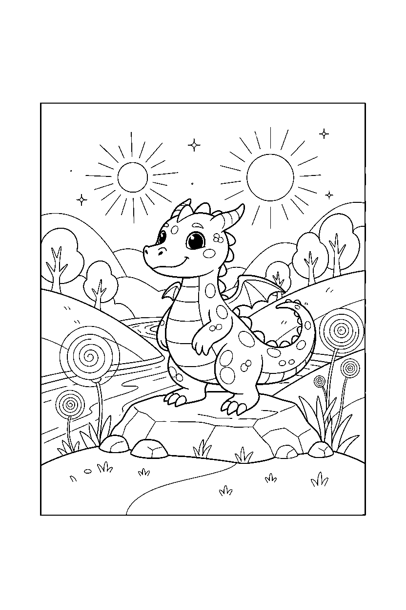 tiny dragon posing proudly in a glowing valley line art