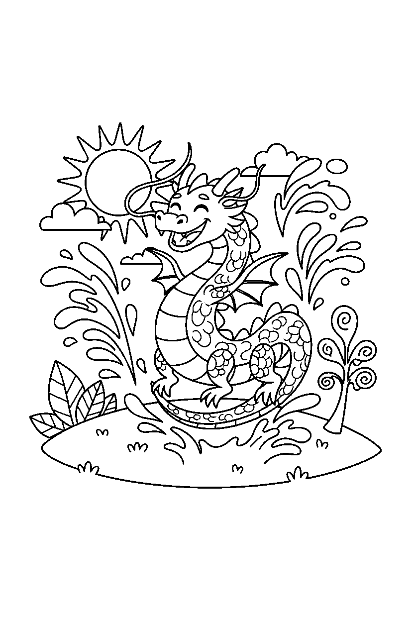 water dragon celebrating happily on a bright hill line art
