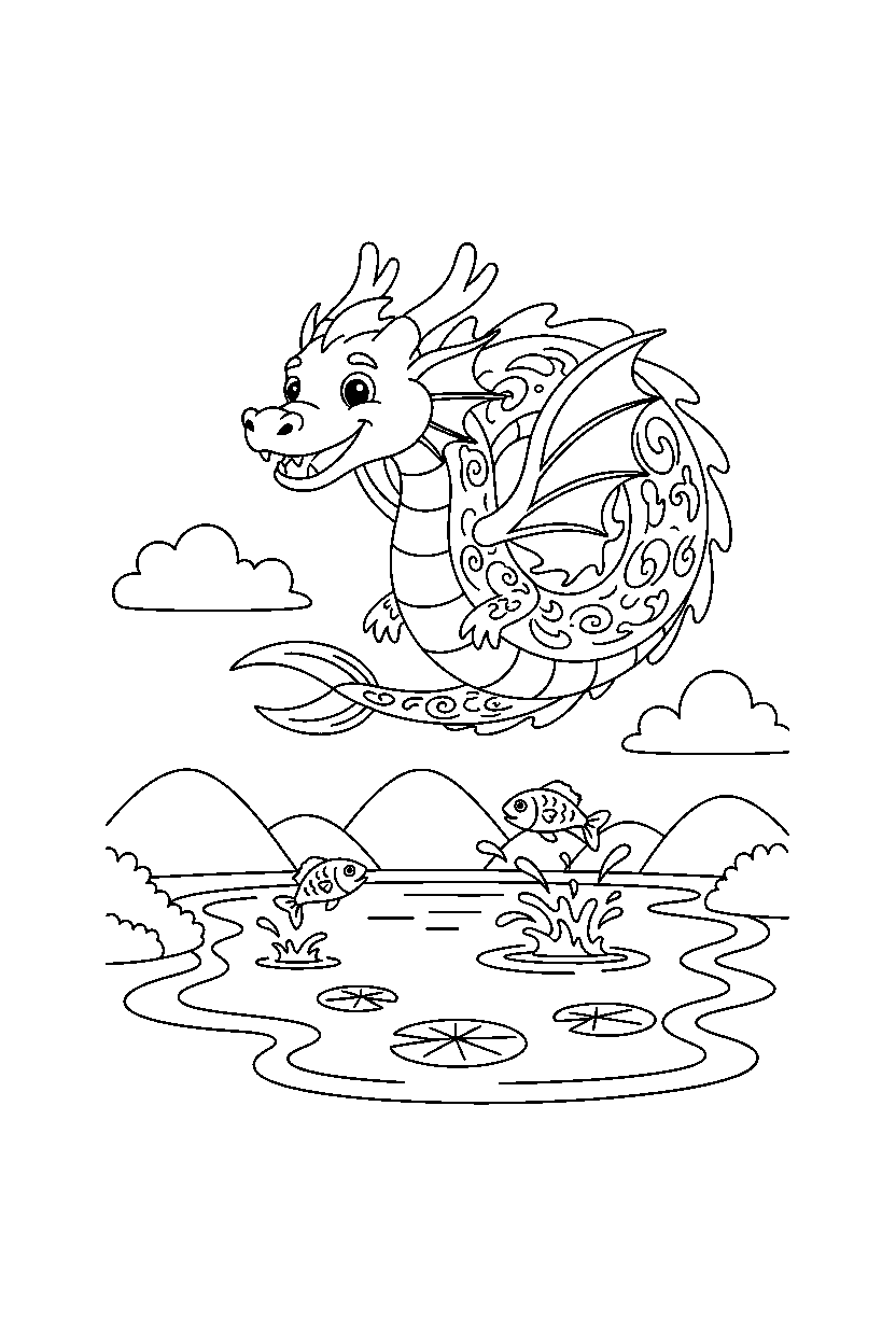 water dragon flying happily near a peaceful lake line art