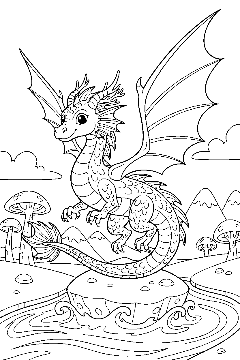 water dragon getting ready to fly in a fantasy land line art