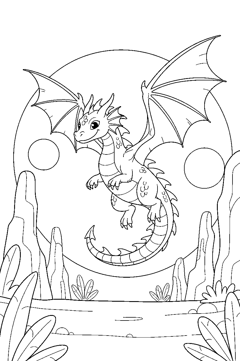 water dragon getting ready to fly in a glowing valley line art