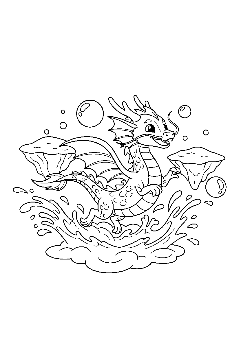 water dragon jumping happily in a dream world line art