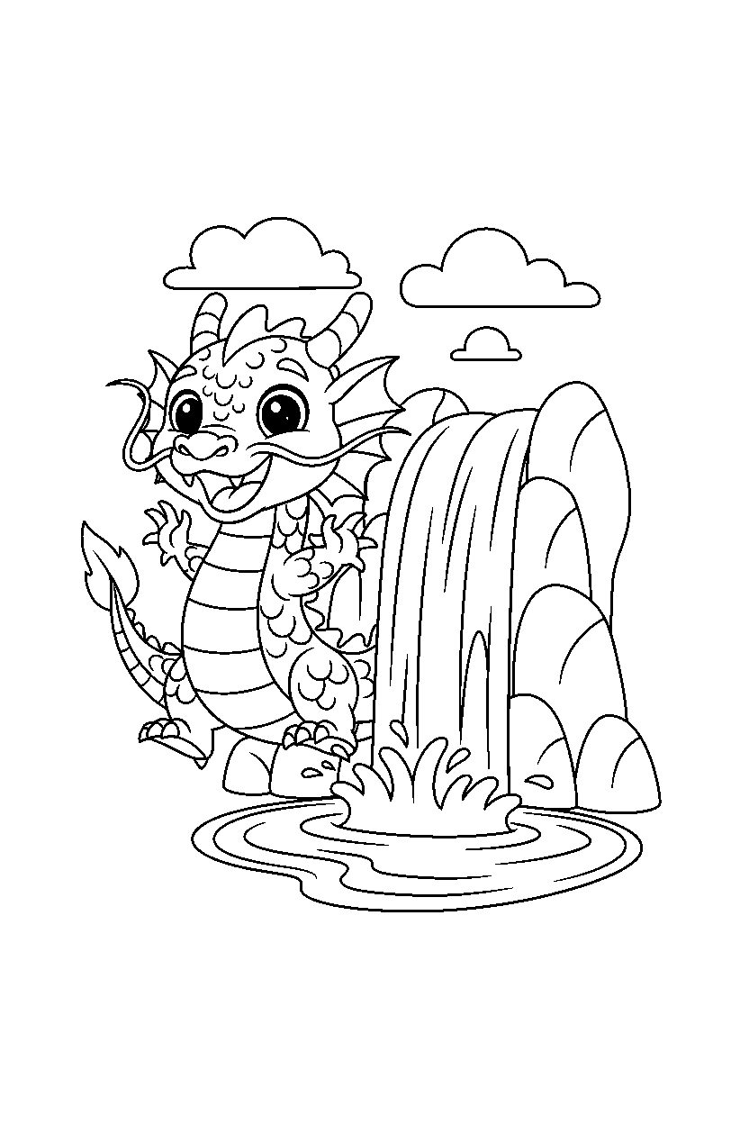 water dragon looking excited near a waterfall line art