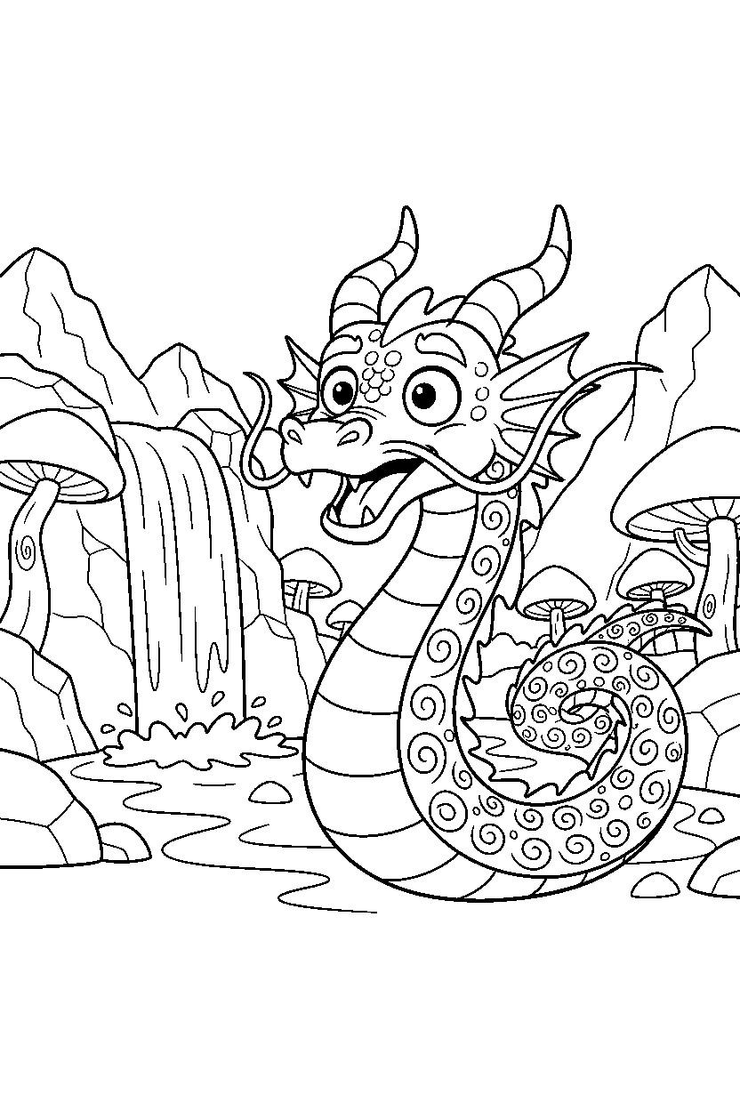 water dragon looking surprised in a fantasy land line art