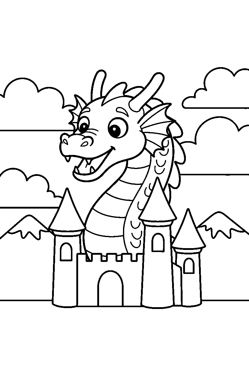 water dragon looking surprised near a castle line art