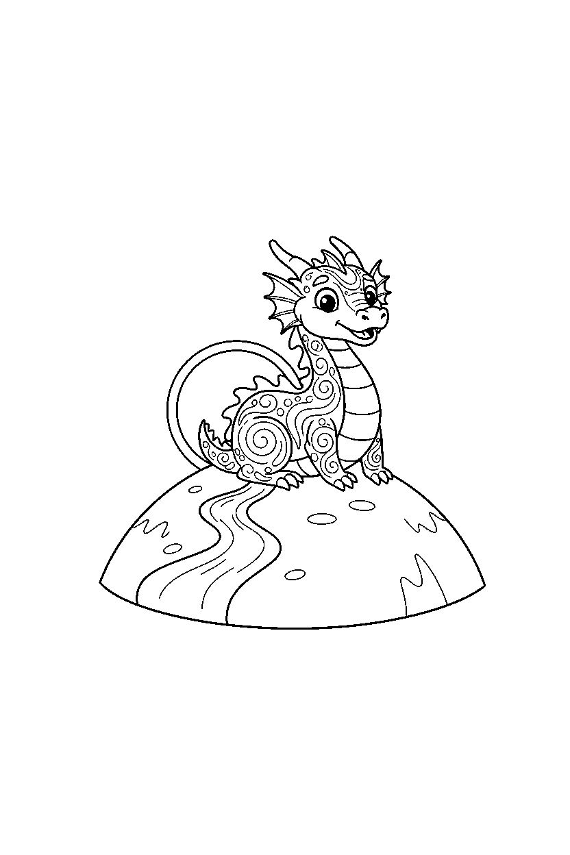 water dragon looking surprised on a mountain hill line art