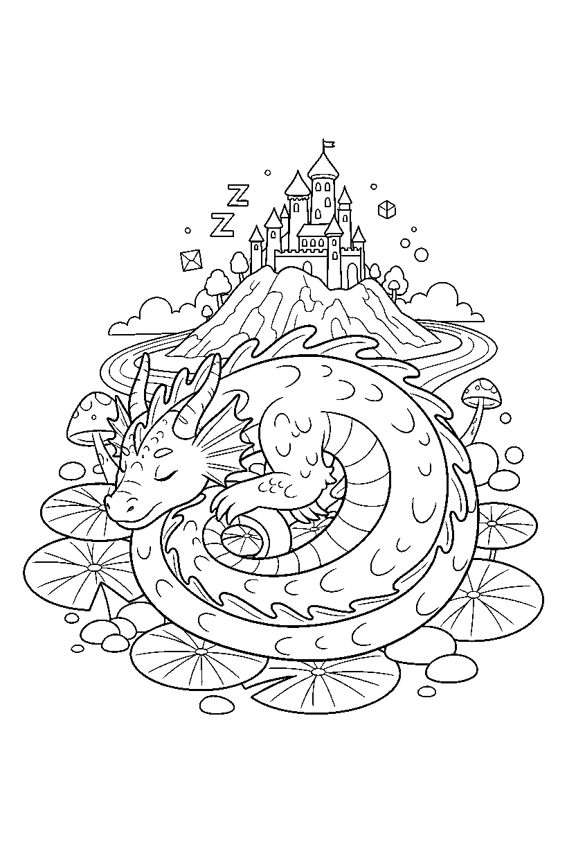 water dragon resting peacefully in a magic kingdom line art