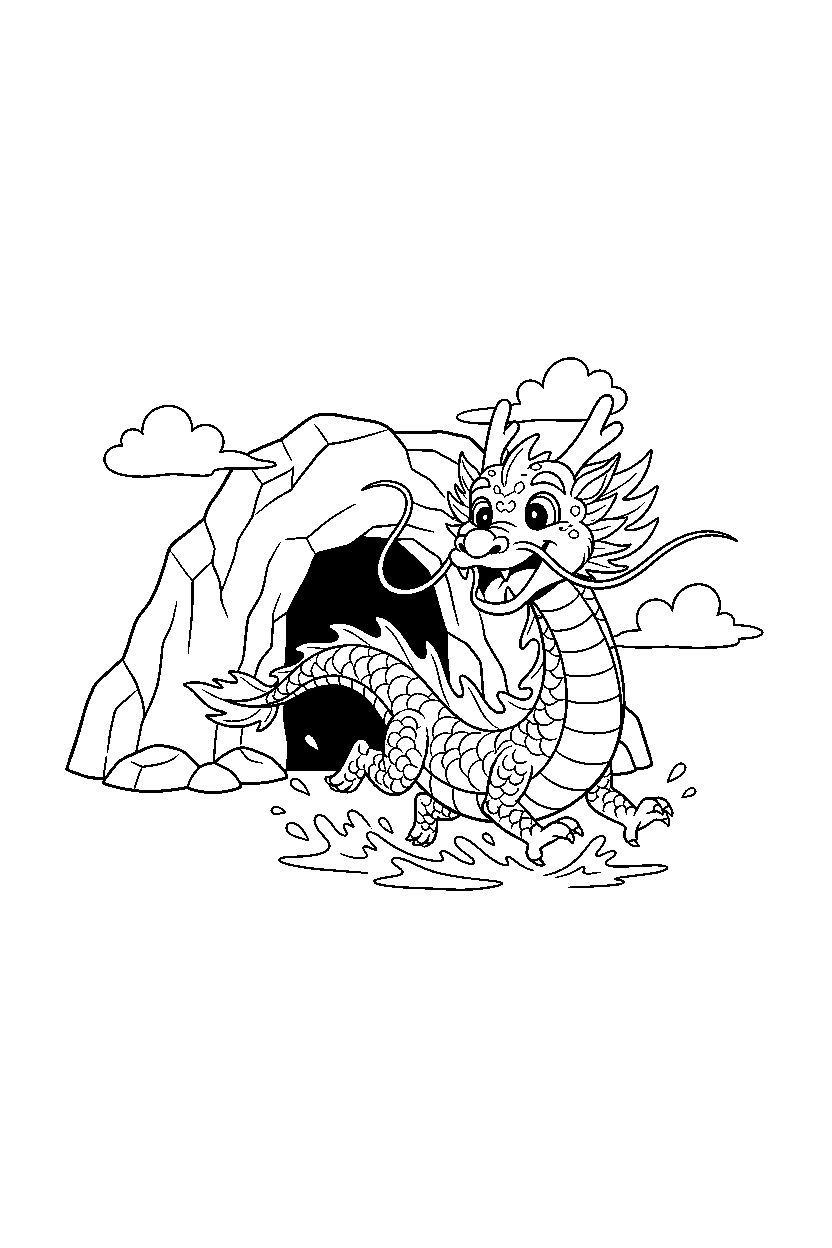 water dragon running happily near a mountain cave line art
