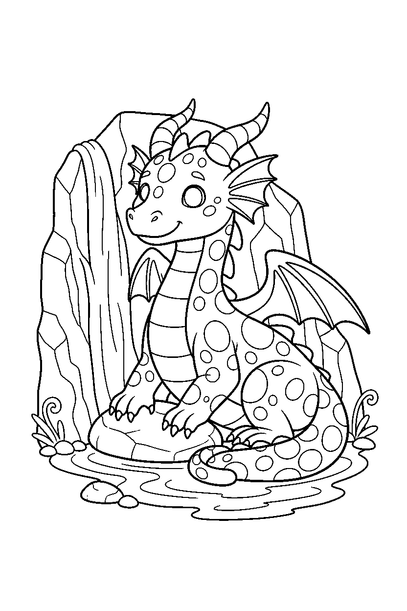 water dragon sitting peacefully near a rocky cliff line art