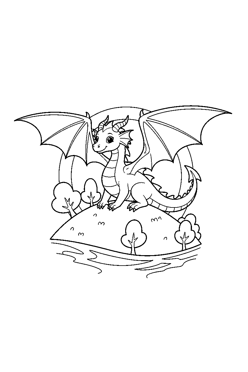 water dragon spreading wings on a bright hill line art