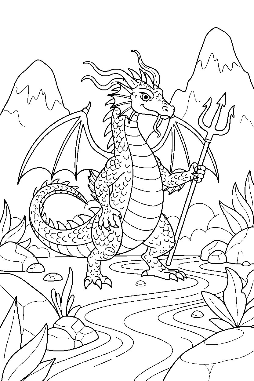 water dragon standing bravely in a dragon valley line art