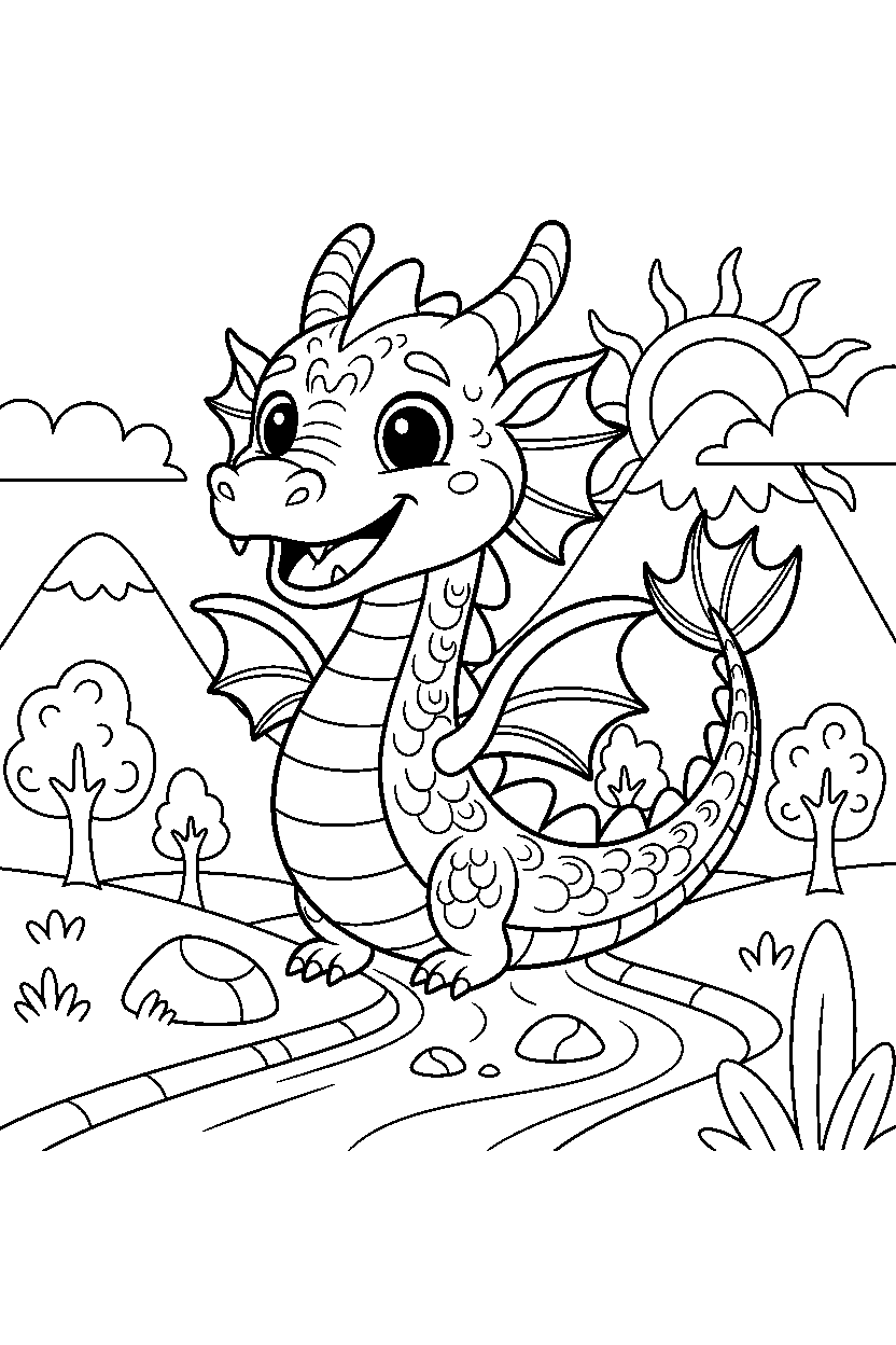 water dragon waving happily in a dragon valley line art