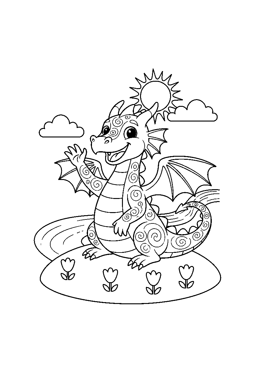 water dragon waving happily on a bright hill line art
