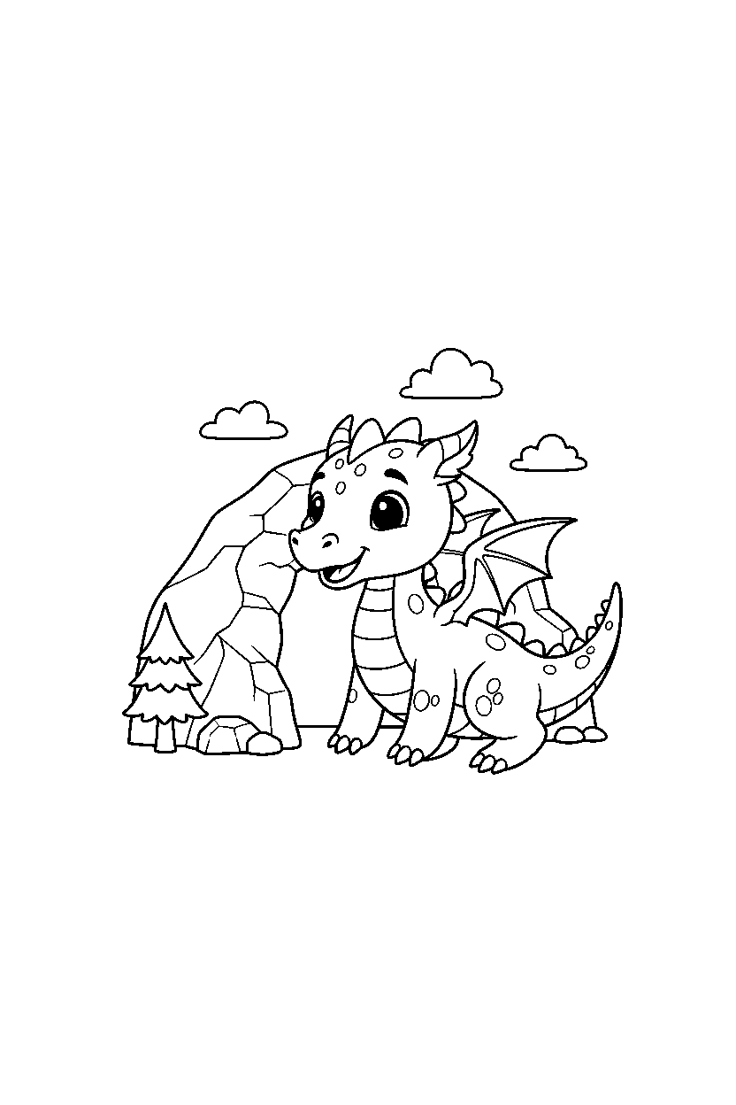 young dragon exploring happily near a mountain cave line art