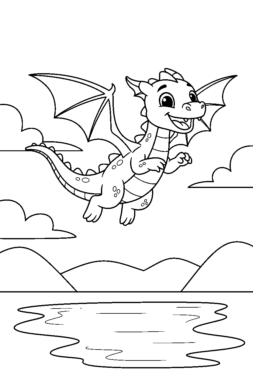 young dragon flying happily near a peaceful lake line art