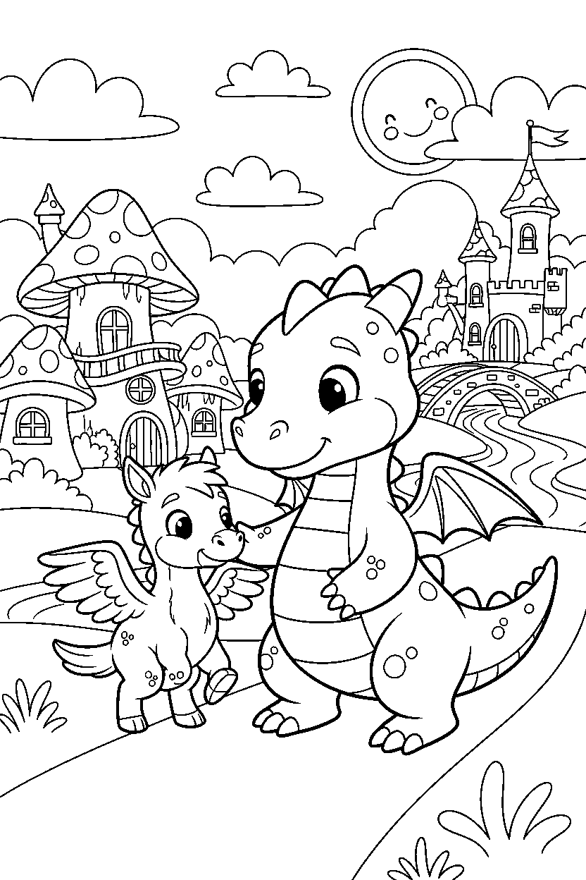 young dragon helping a friend near a fantasy village line art