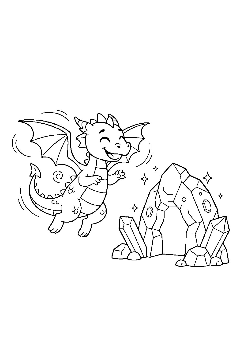young dragon jumping with joy near a crystal cave line art