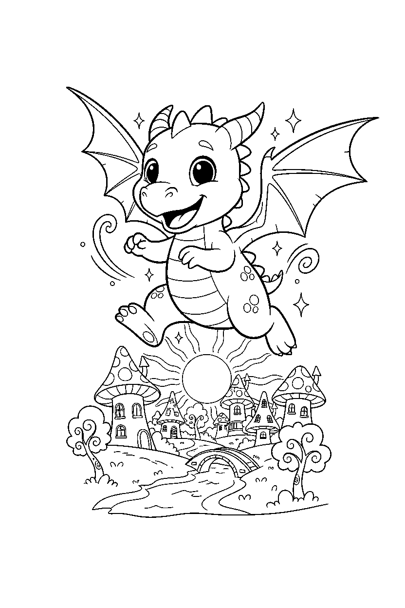young dragon jumping with joy near a fantasy village line art