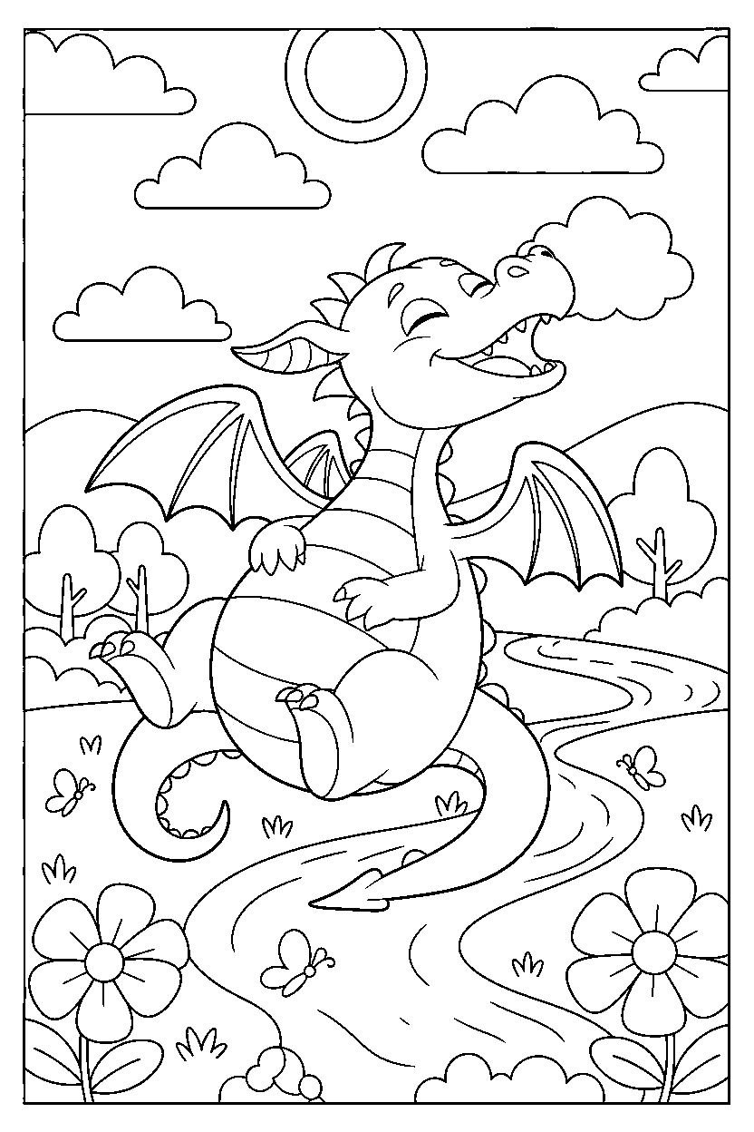 young dragon relaxing peacefully in a peaceful countryside line art