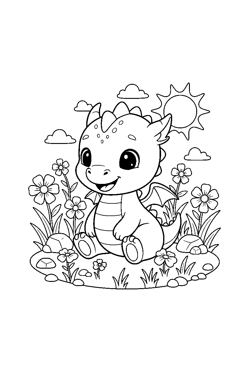 young dragon smiling happily on a sunny meadow line art