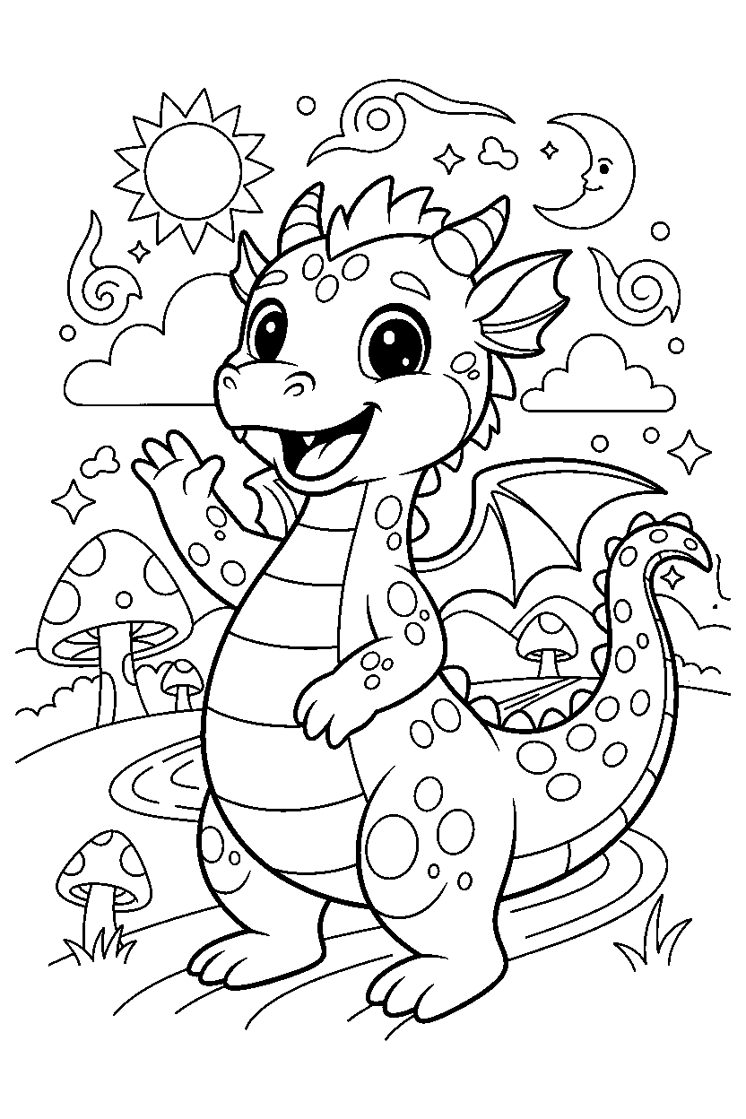 young dragon waving happily in a magical landscape line art