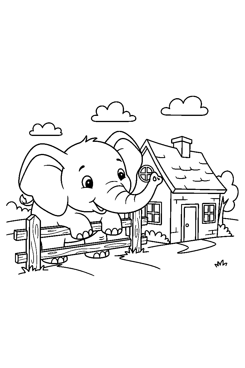 elephant exploring curiously near a farmhouse line art