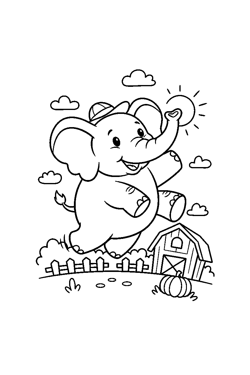 elephant hopping happily on a farm line art