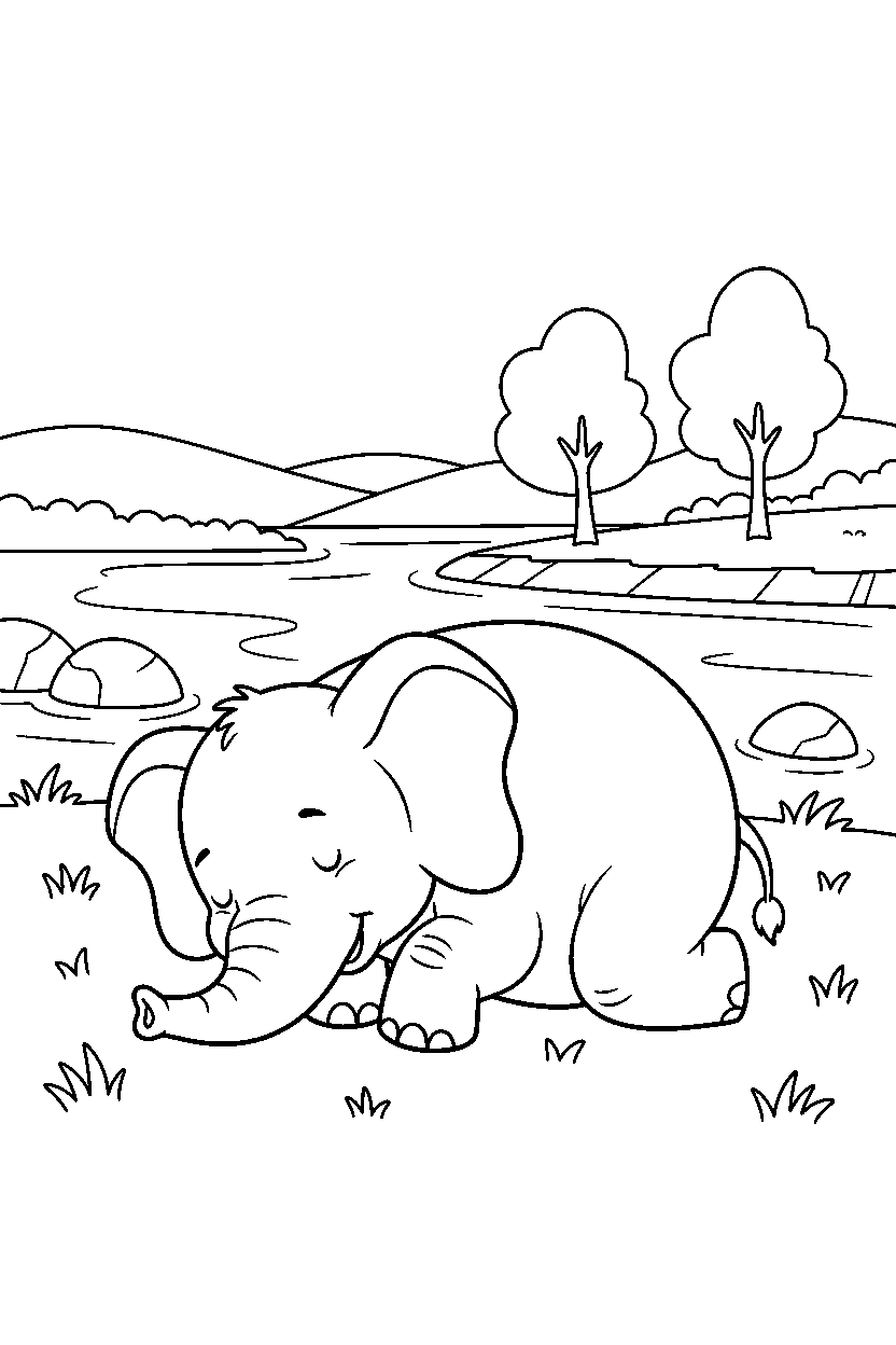 elephant napping calmly near a river line art