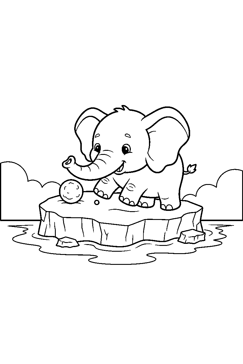 elephant playing gently near an iceberg line art