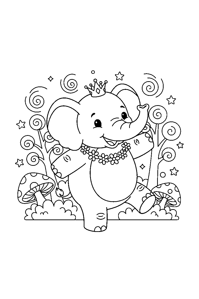 elephant posing happily in a magical forest line art