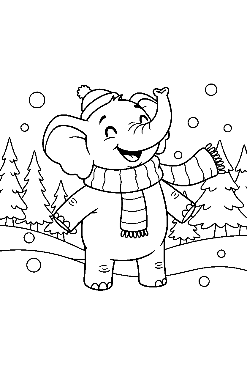 elephant posing happily in a winter forest line art