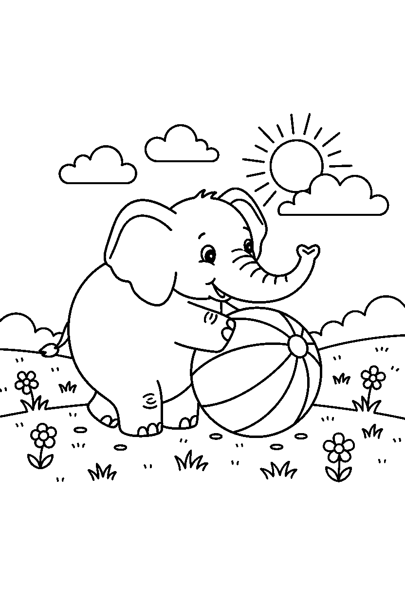 elephant rolling a ball in a sunny meadow line art