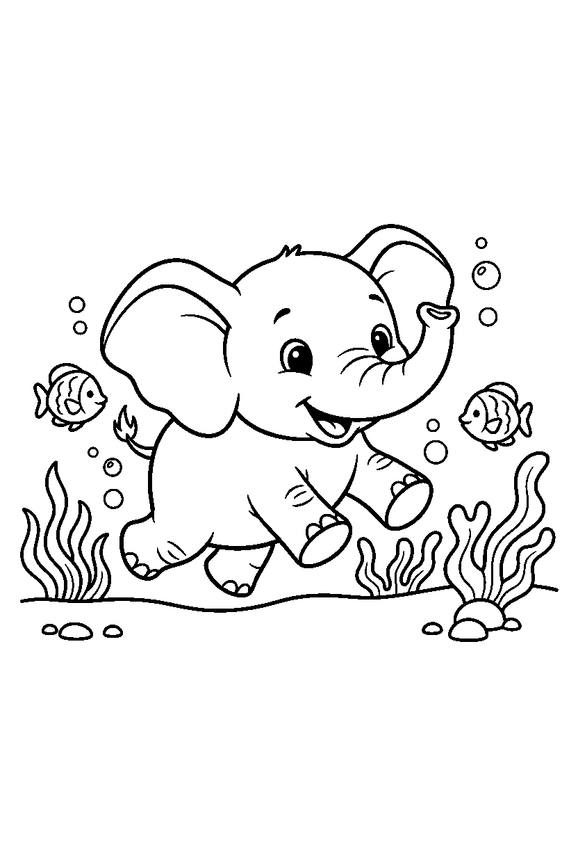 elephant running happily under the sea line art